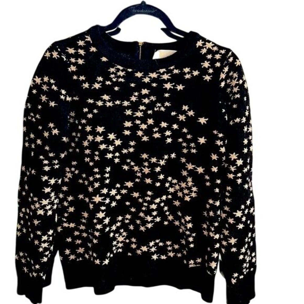 (CL) Michael Kors Womens 2X Star Print Metallic Knit Sweater Black Gold Zipper - Picture 2 of 11
